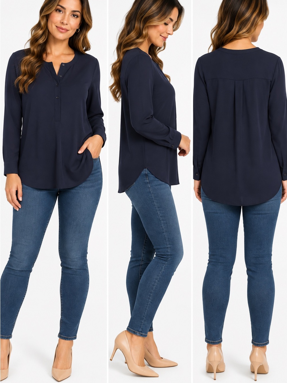 Ann Taylor Navy Blue Long Sleeve Henley Blouse Size M